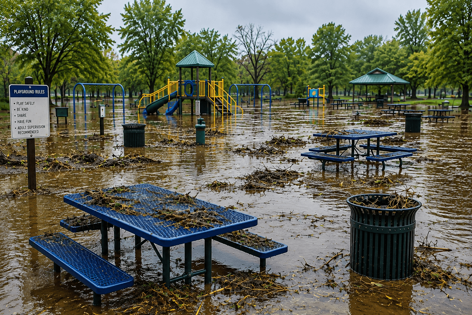 Flooded public park with commercial picnic tables, playground equipment, trash receptacles, and debris following severe weather